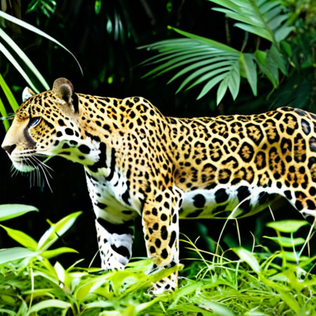 A majestic jaguar in its natural habitat, perfectly camouflaged amidst the dense, lush green foliage of the Surinamese rainforest. The powerful feline is captured in a natural, elegant pose, perhaps near a tranquil river, showcasing its distinctive spotted coat. Sunlight filters through the canopy, creating dappled light and shadow. The scene highlights the wild beauty and undisturbed nature of the Amazon, without human presence. Perfect anatomy, correct proportions, well-formed features, natural body proportions, professional wildlife photography, high quality, safe for work, appropriate content, family-friendly.