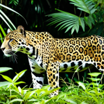 A majestic jaguar in its natural habitat, perfectly camouflaged amidst the dense, lush green foliage of the Surinamese rainforest. The powerful feline is captured in a natural, elegant pose, perhaps near a tranquil river, showcasing its distinctive spotted coat. Sunlight filters through the canopy, creating dappled light and shadow. The scene highlights the wild beauty and undisturbed nature of the Amazon, without human presence. Perfect anatomy, correct proportions, well-formed features, natural body proportions, professional wildlife photography, high quality, safe for work, appropriate content, family-friendly.