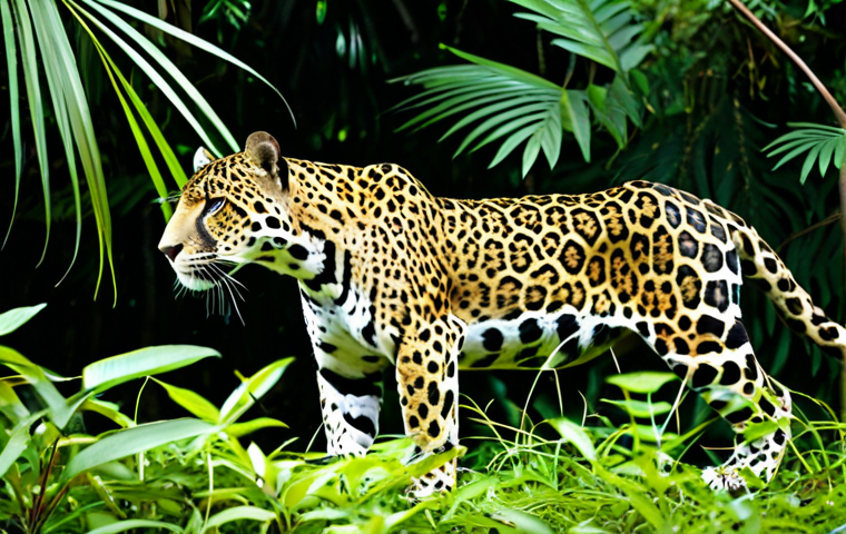 A majestic jaguar in its natural habitat, perfectly camouflaged amidst the dense, lush green foliage of the Surinamese rainforest. The powerful feline is captured in a natural, elegant pose, perhaps near a tranquil river, showcasing its distinctive spotted coat. Sunlight filters through the canopy, creating dappled light and shadow. The scene highlights the wild beauty and undisturbed nature of the Amazon, without human presence. Perfect anatomy, correct proportions, well-formed features, natural body proportions, professional wildlife photography, high quality, safe for work, appropriate content, family-friendly.