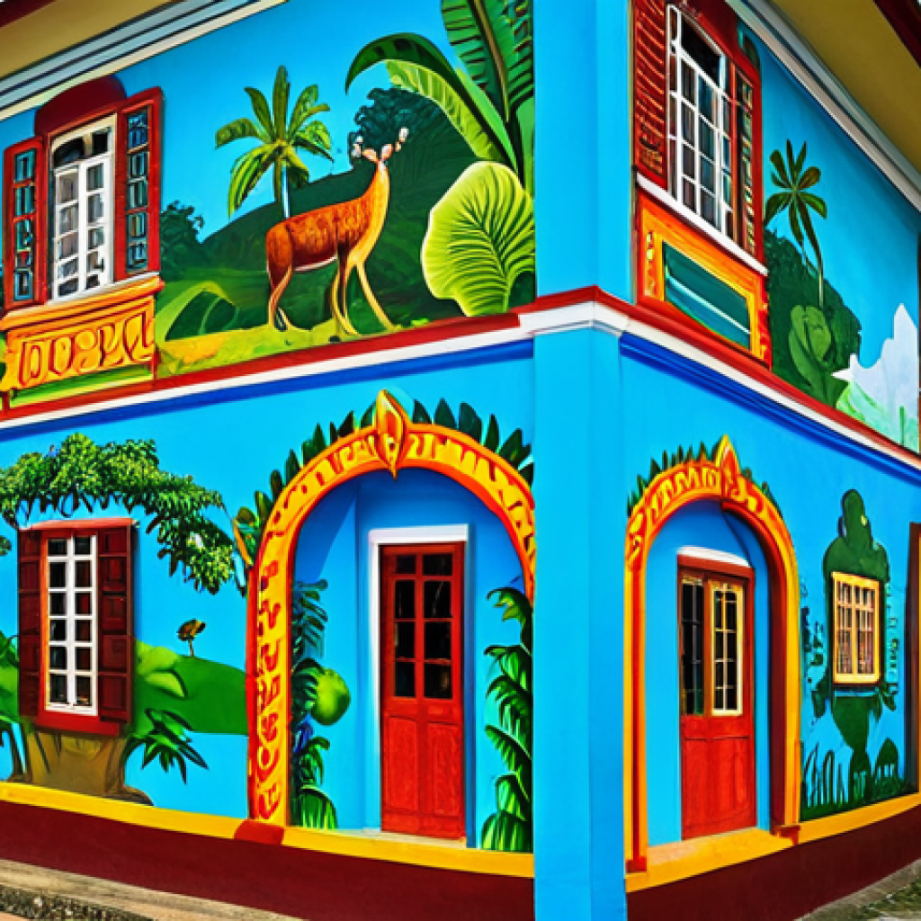 **

"A brightly colored mural depicting scenes of Surinamese life, including depictions of the rainforest, diverse cultural celebrations, and local wildlife, painted on a building in Paramaribo, daytime, natural light, vibrant colors, fully clothed people, appropriate content, safe for work, perfect anatomy, correct proportions, professional quality, family-friendly, modest representation of Surinamese culture."

**