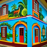 **

"A brightly colored mural depicting scenes of Surinamese life, including depictions of the rainforest, diverse cultural celebrations, and local wildlife, painted on a building in Paramaribo, daytime, natural light, vibrant colors, fully clothed people, appropriate content, safe for work, perfect anatomy, correct proportions, professional quality, family-friendly, modest representation of Surinamese culture."

**
