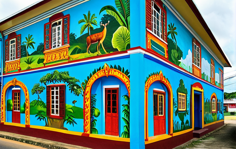 **

"A brightly colored mural depicting scenes of Surinamese life, including depictions of the rainforest, diverse cultural celebrations, and local wildlife, painted on a building in Paramaribo, daytime, natural light, vibrant colors, fully clothed people, appropriate content, safe for work, perfect anatomy, correct proportions, professional quality, family-friendly, modest representation of Surinamese culture."

**